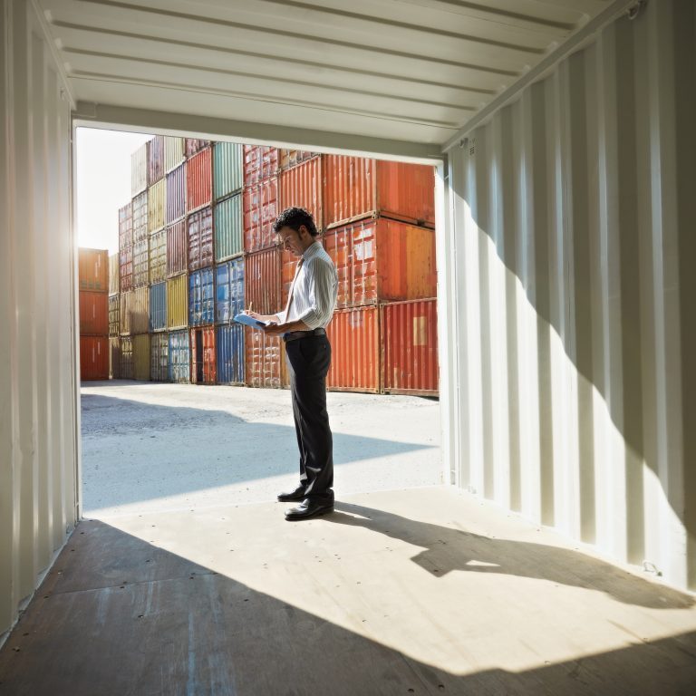 portrait of mid adult businessman standing near cargo container and writing on clipboard. Horizontal shape, side view, copy space