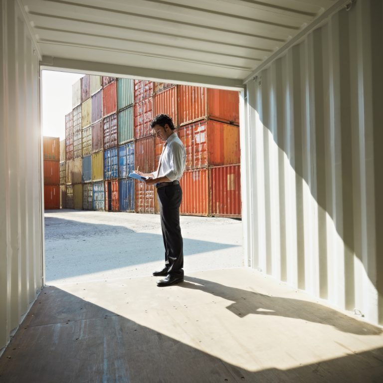 business man with shipping containers portrait of mid adult businessman standing near cargo container and writing on clipboard. Horizontal shape, side view, copy space